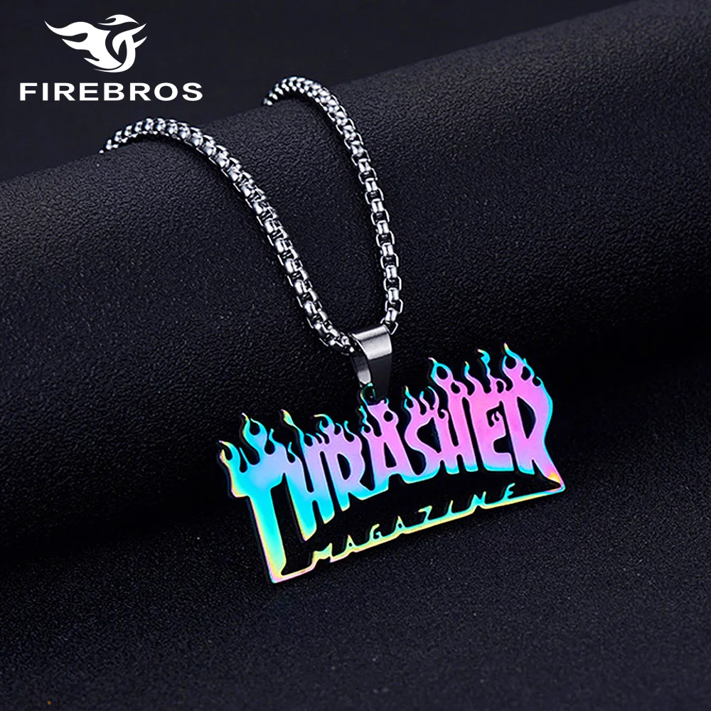 FIREBROS 2023 New Fashion Street Hip-Hop Rock Jewerly Men Women Stainless Steel Quenched Letter Magazine Flame Pendant Necklaces