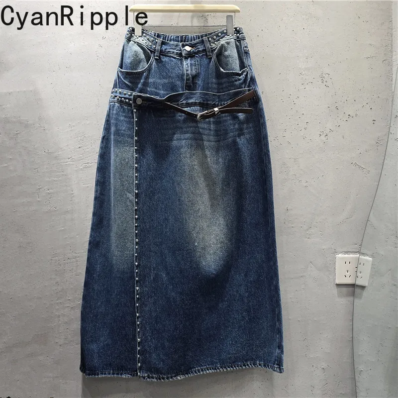Irregular Splicing Split Women Denim Skirt 2026 New Autumn All-match Beading Elastic High Waist Mid-length A-line Overskirt