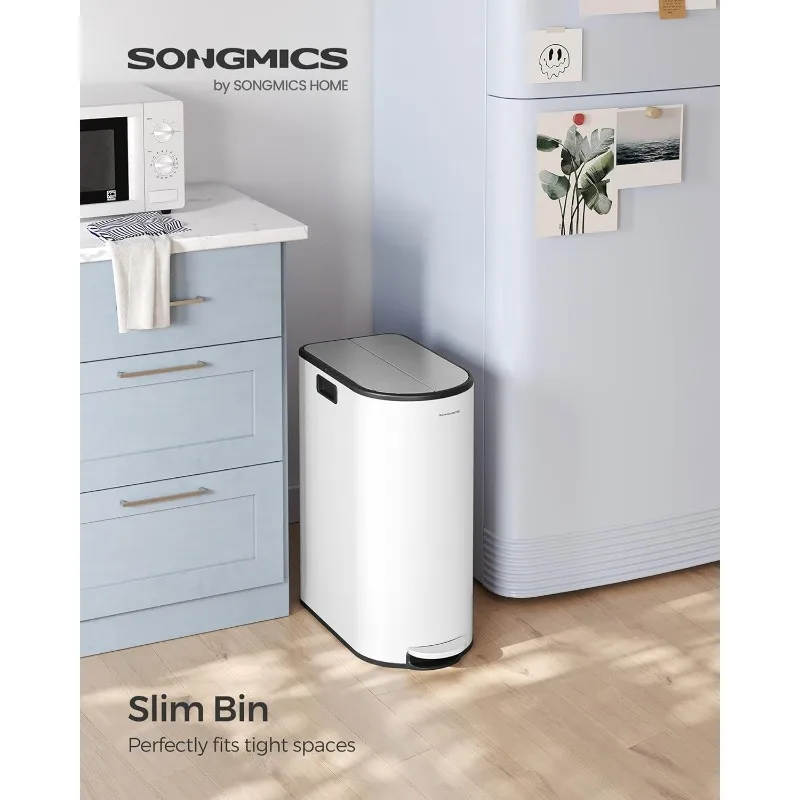 SONGMICS 13-Gallon Dual Kitchen Trash Can,5.3 and 8 Gallon Compartments, Garbage Can with Wing Lids, Stainless Steel, Soft Close