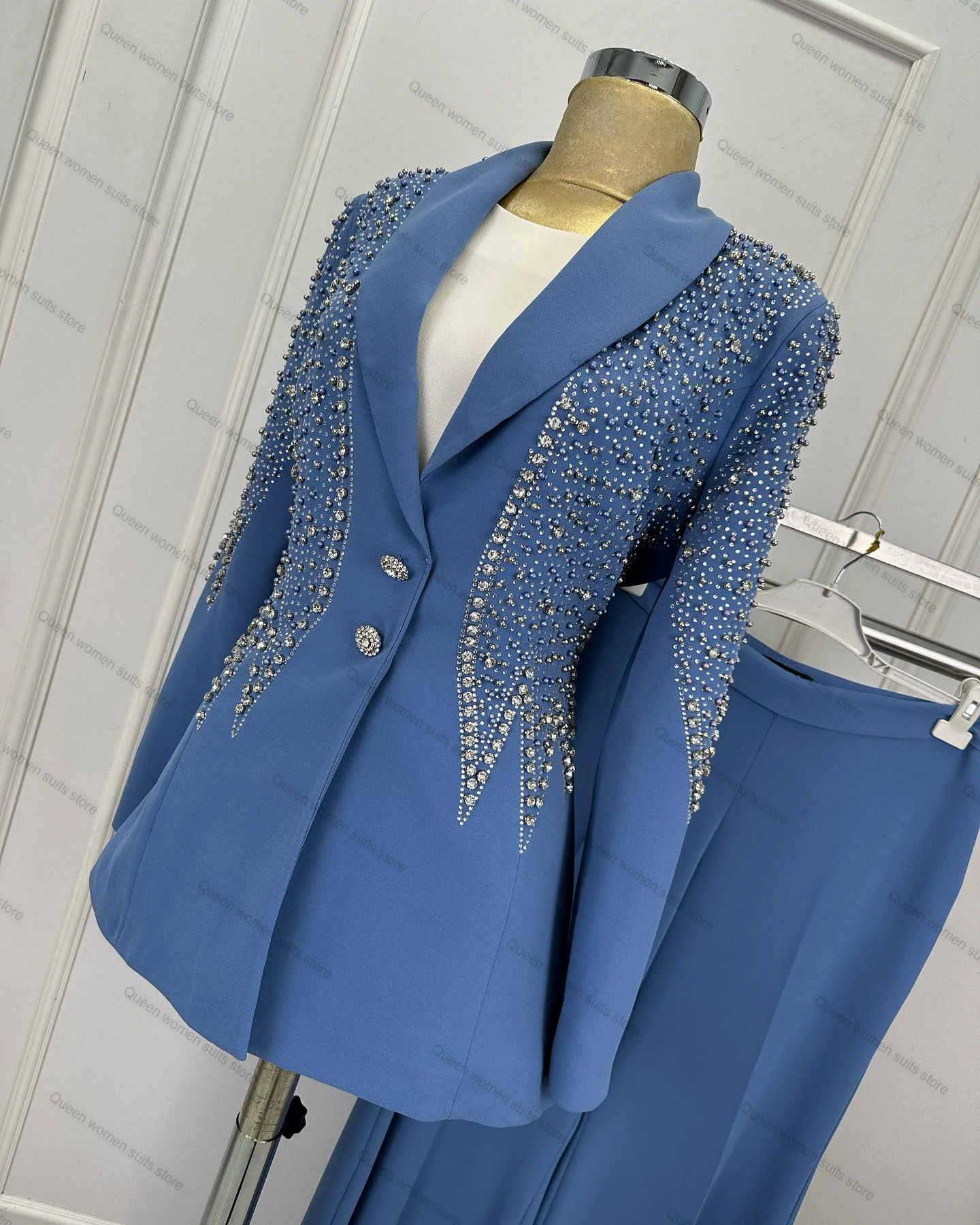 Blue Crystals Wedding  Women Pants Suits Set 2 Pcs Blazer Luxury Costumes pour femmes Customized Jacket Formal Office Prom Dress