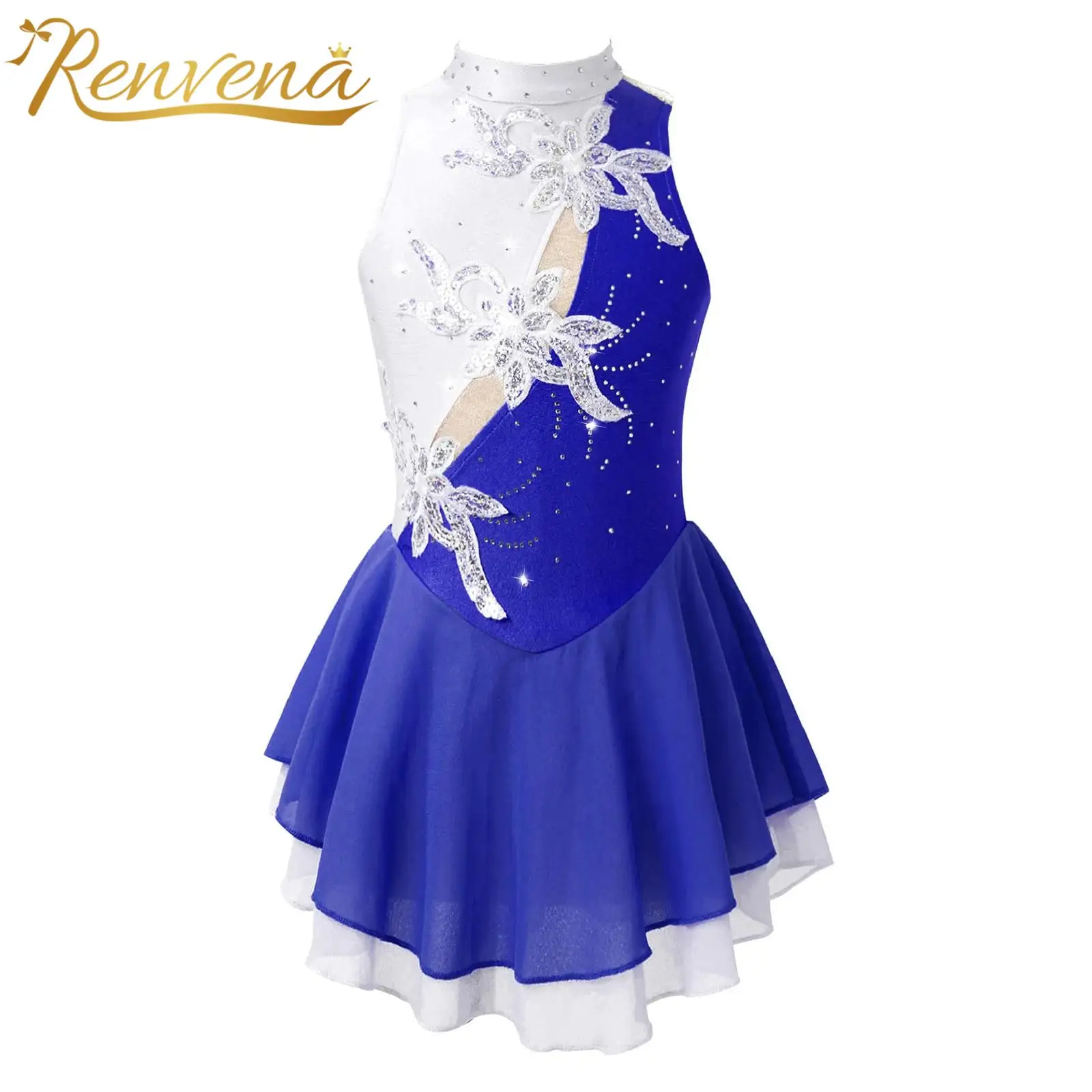 

Kids Girls Ice Skating Dress Sequins Floral Ballet Gymnastics Leotard Figure Skating Dresses for Dance Competition Stage Costume