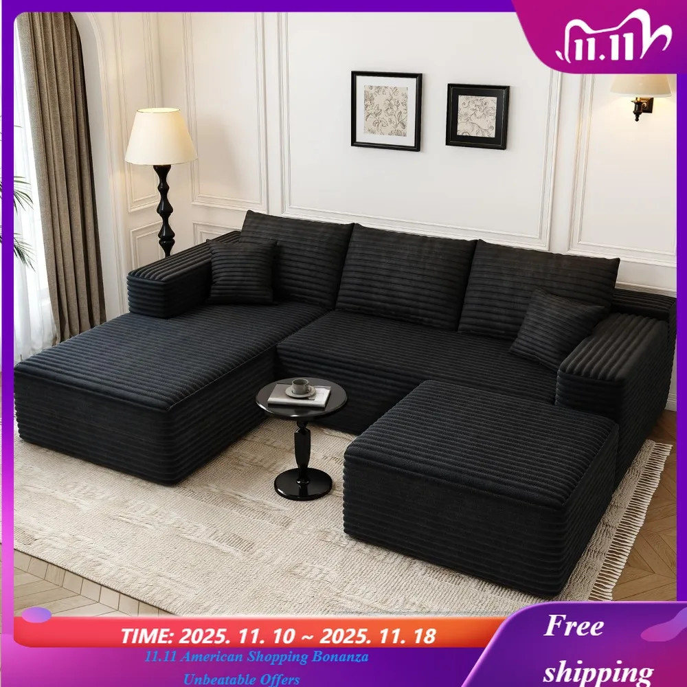 Cloud Modular Sectional Sofa with Ottoman - Modern Minimalist Upholstered Comfort U-Shaped Couch for Living Room