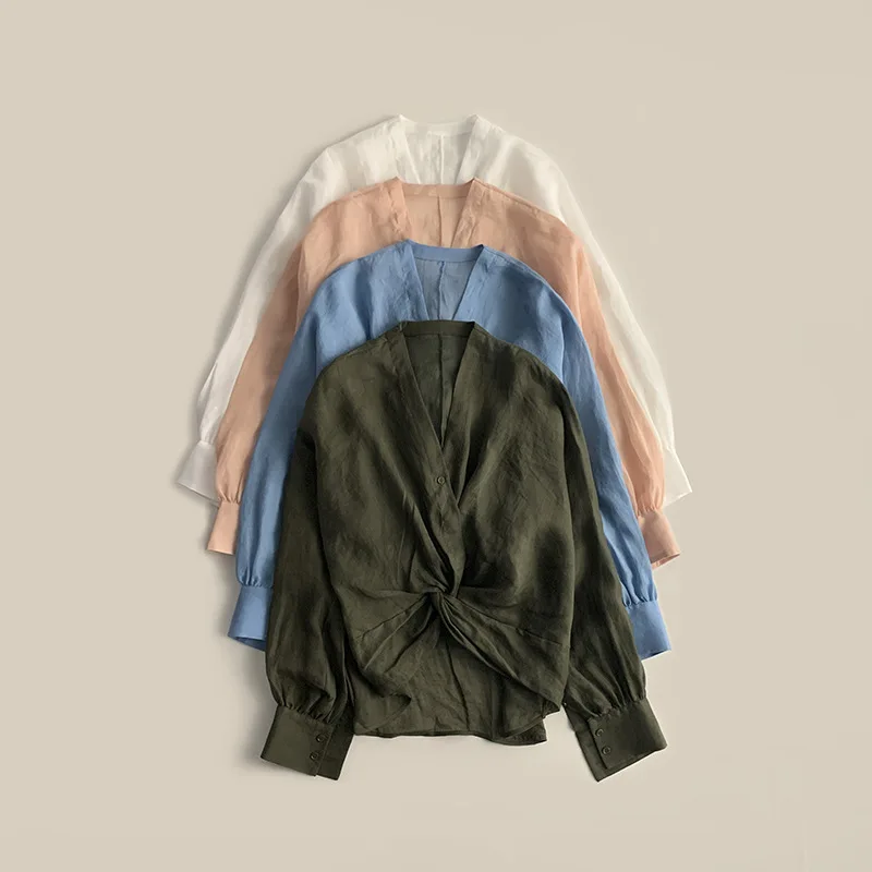 Withered Small niche V-neck loose twisted shirt with wide sleeves and slightly transparent casual shirt top Woman Clothes Shirts