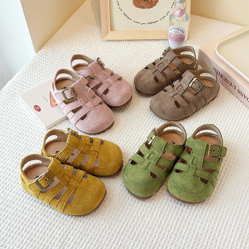 

Kids Suede Sandals for Girls Anti-slippery Sole Toddler Roman Shoes with Pastel Colors Princess Beach Garden Shoes Barefoot Ins