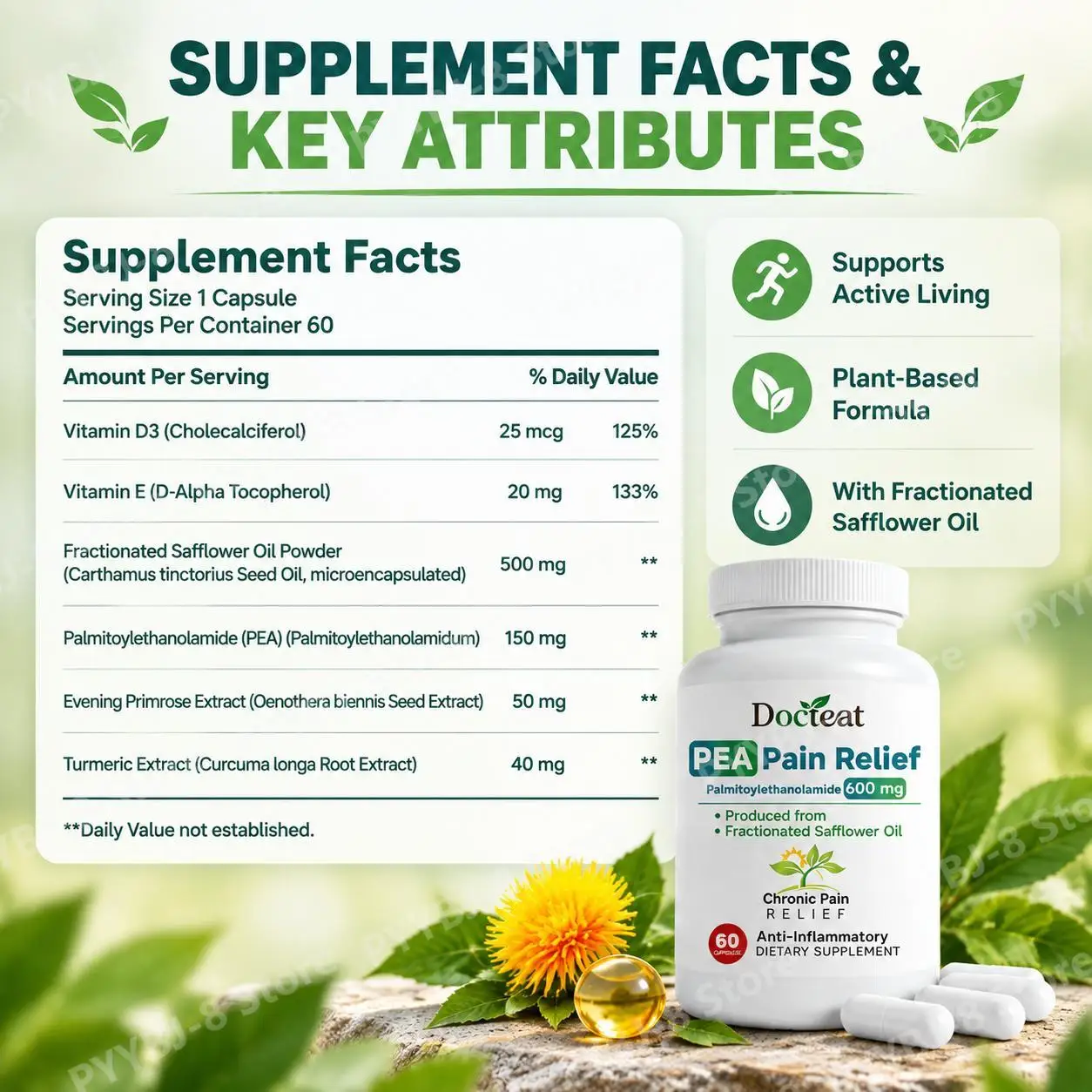Docteat PEA Capsules Daily Mobility Support and Antioxidant Balance with Vitamin E and Evening Primrose Extract, 60 Capsules