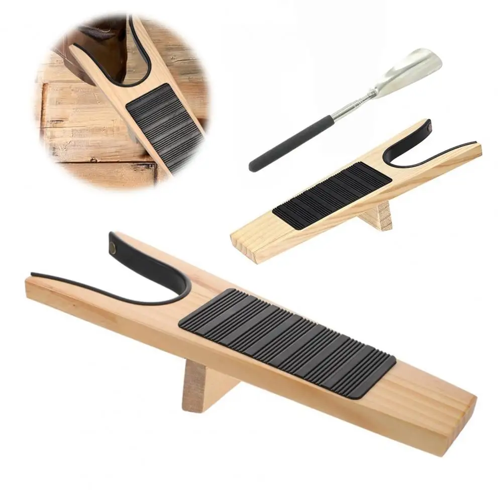 Easy Grip Shoe Helper Boot Jack with Long Handle Portable Shoehorn for Easy Removal Non-slip Grip Iron Boot Removal Tool Wooden