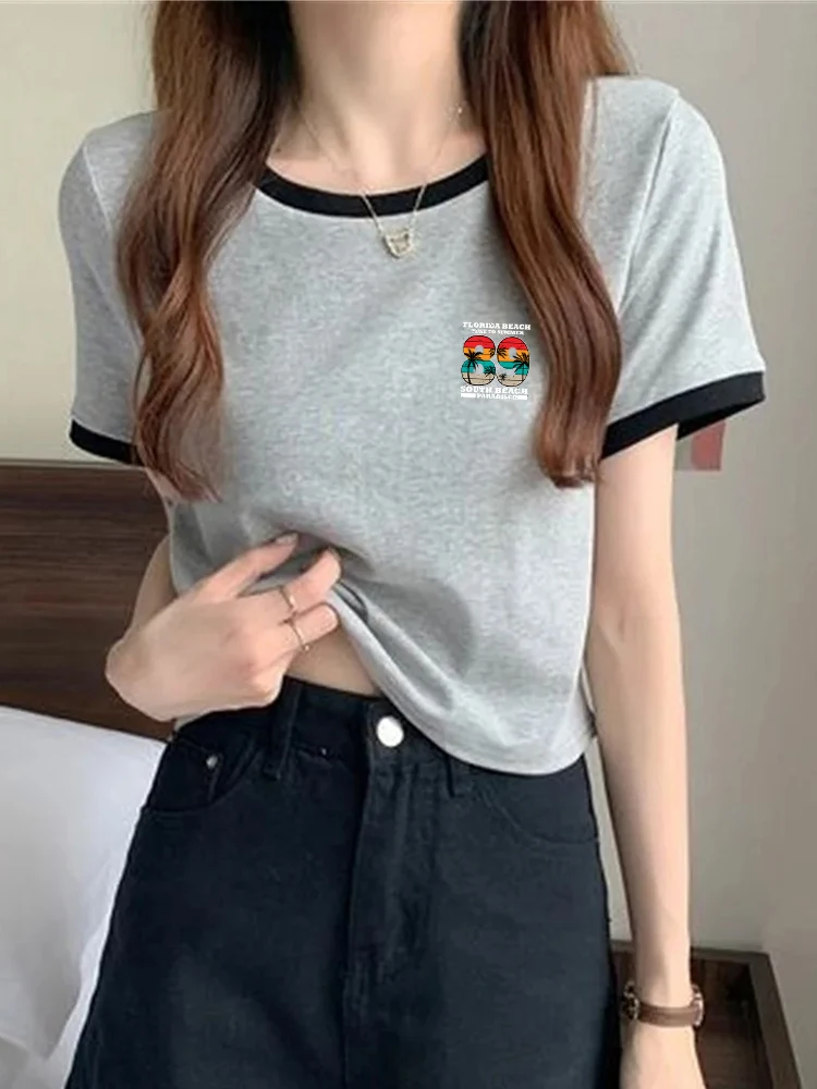 Stamp Kurzarm-T-Shirts für Damen, lockere Passform, schicke koreanische Mode, All-Match-Sommer-Tops für Studenten, getäfelte Freizeit-T-Shirts