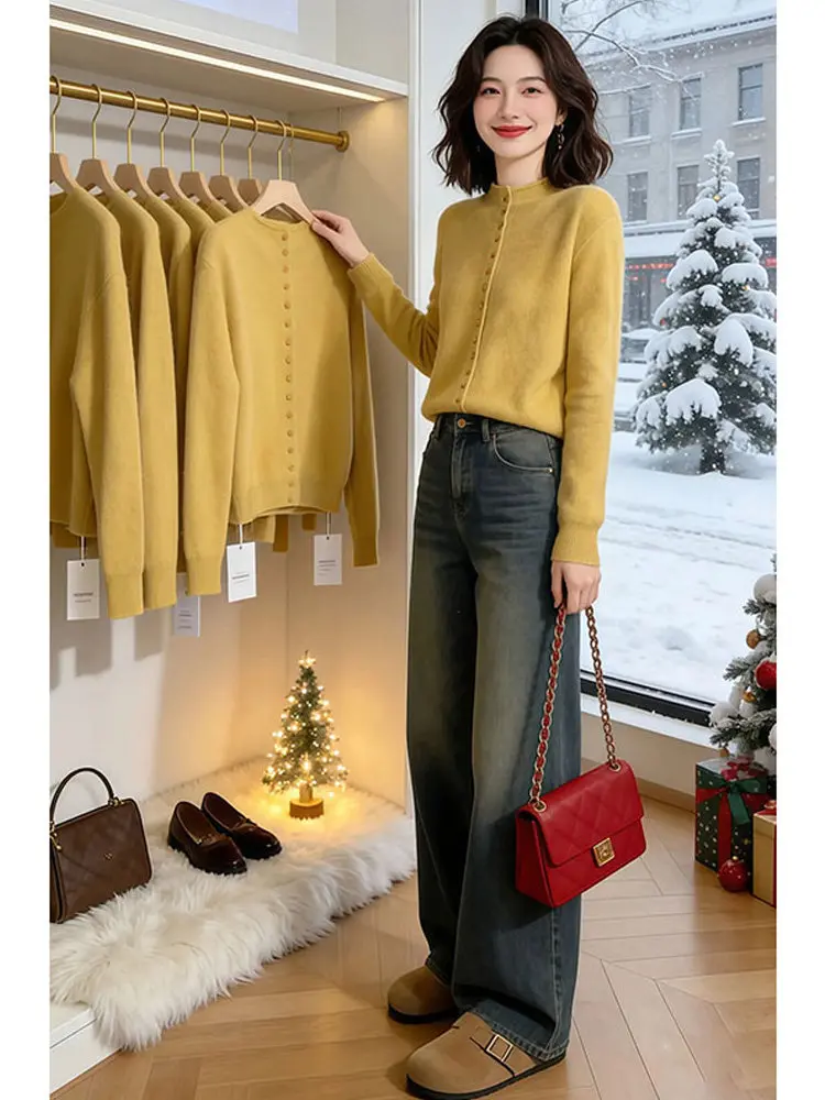 

Fashionable Pure Color Long Sleeve Knitted Sweater Single Button Design Casual Style Women's Autumn Winter New Arrival