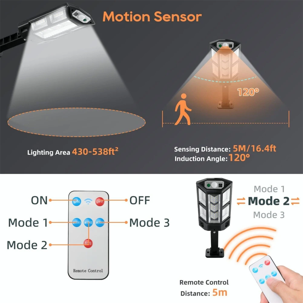 Projecteur solaire LED avec télécommande, détecteur de mouvement, lampadaire de sécurité extérieur, 3 modes d'éclairage, 2400W