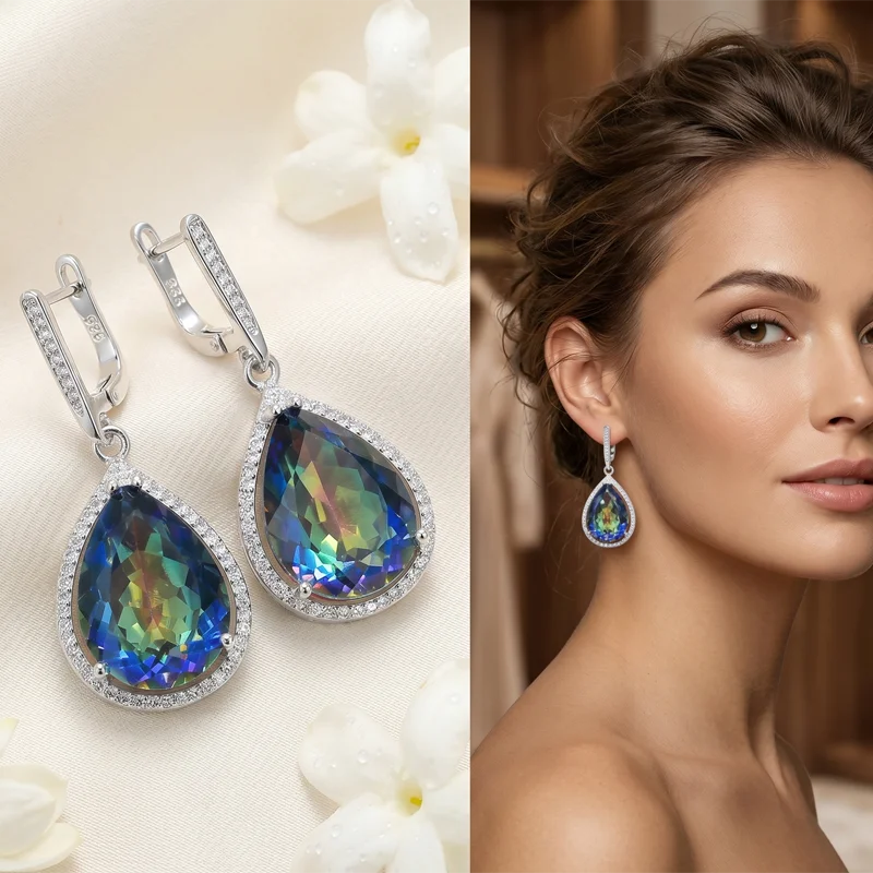 Buy 4 Get 1 Free 43x19mm Big Gemstone Fire Rainbow Mystic Topaz Real Emerald Ruby Tanzanite Aquamarine Kunzite Silver Earrings