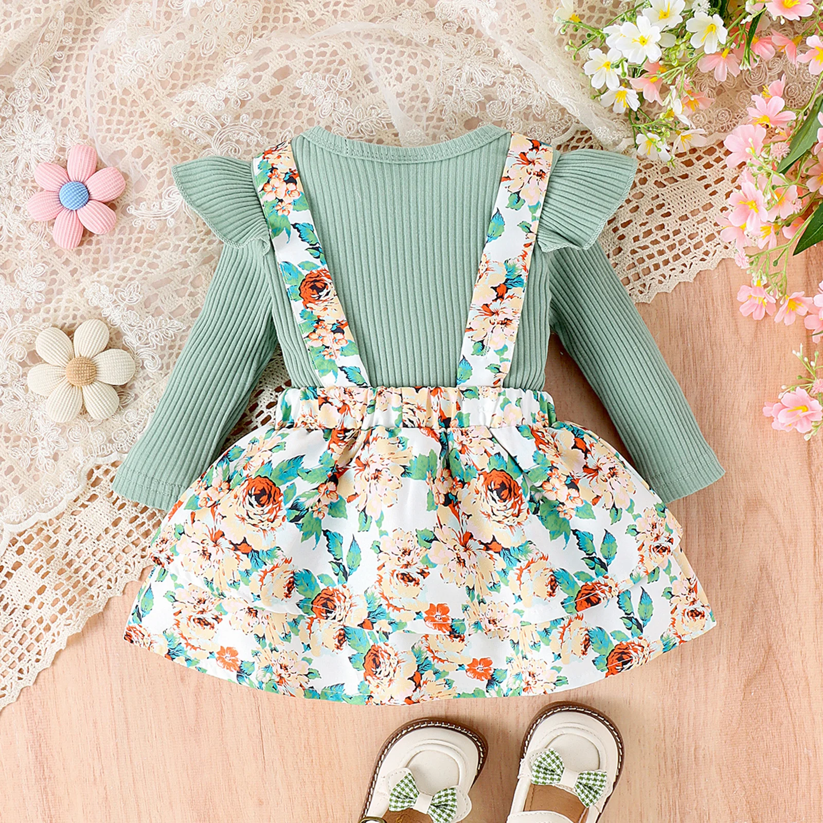 2PCS In Autumn, Girls Aged 0-1 Years Old Have Comfortable Sweet And Cute Letter-Printed Long-Sleeved Kitted Suit + Strap Skirt