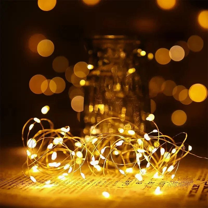 Fio de cobre LED Lights String, Guirlanda impermeável, Fairy Light, Natal, Decoração da festa de casamento, Iluminação do feriado, USB, Bateria, 5 m, 10m