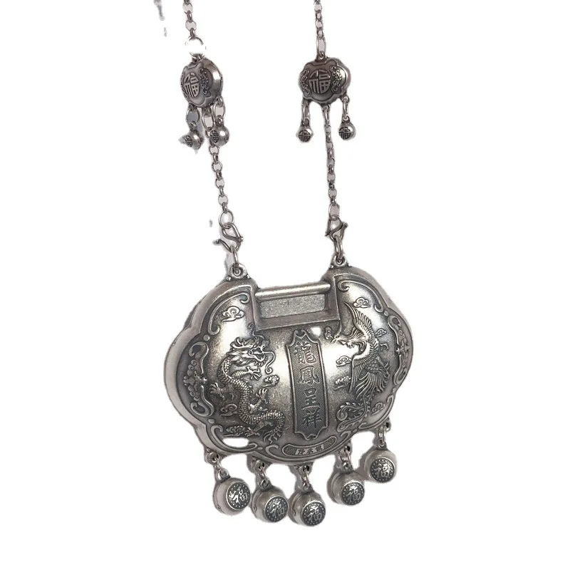 

Ожерелье с замком безопасности Дракона и Феникса, винтажный кулон с символом Фу 999 пробы, регулируемый для взрослых и детей