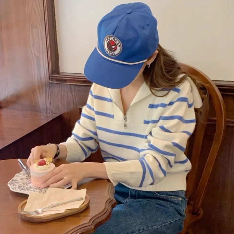 Winter Vintage Fashion Women Sweater Half Zip Striped Casual Sailor Collar Korean Knitted Pullover Tops Autumn Elegant Knitwear