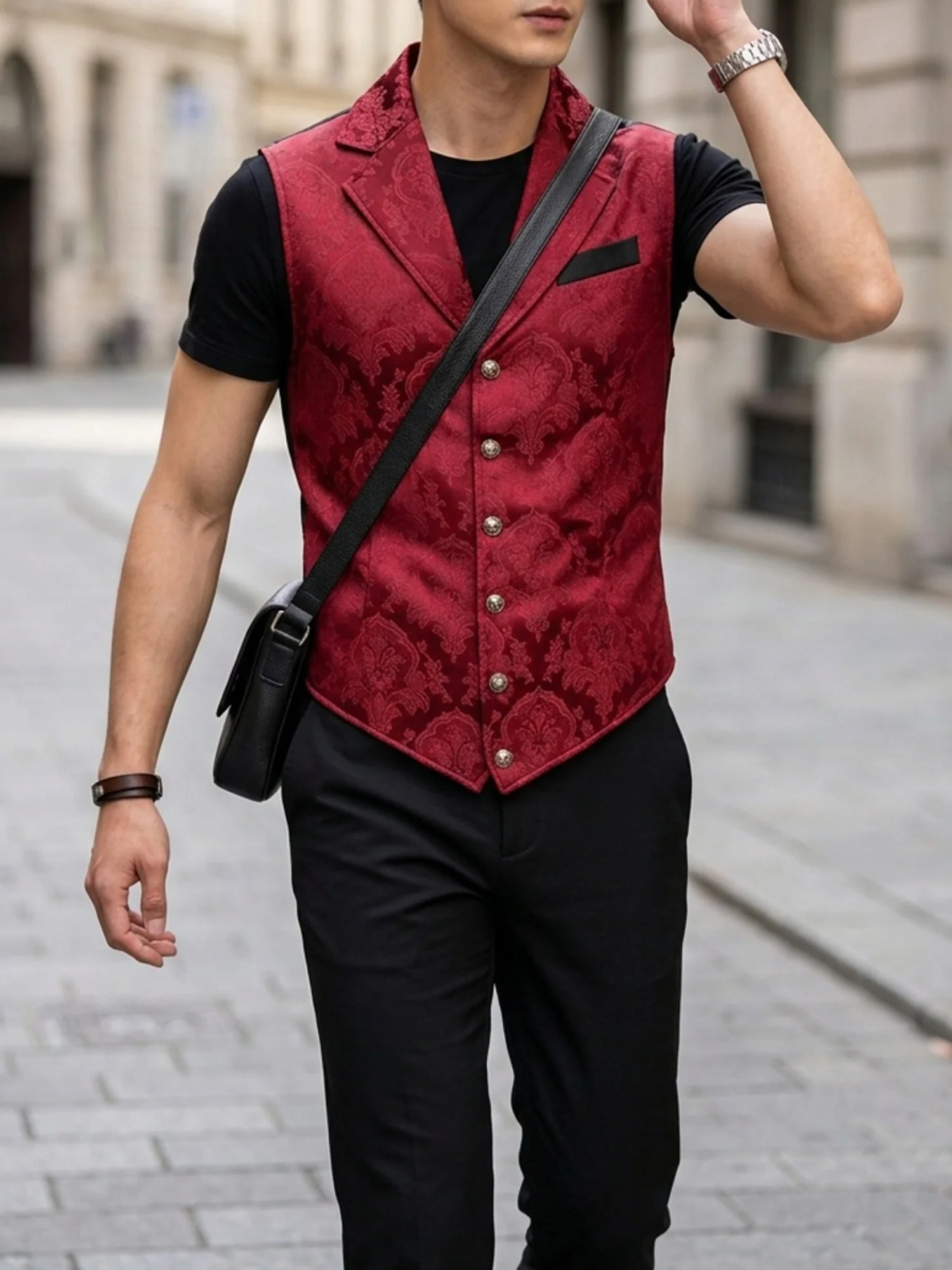 Men Vintage Jacquard Vest Lapel Waistcoat Elegant Victorian Gothic Sleeveless Formal Outerwear Daily Casual Halloween