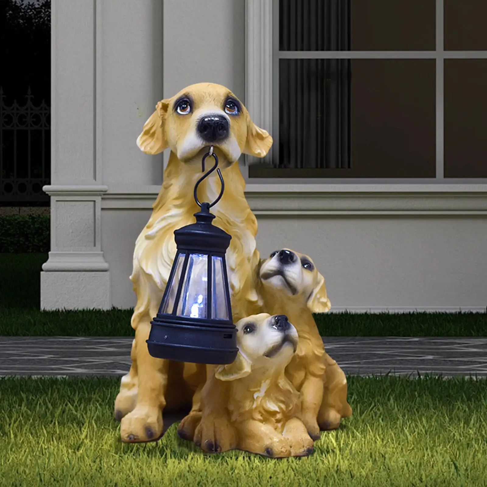 

Dog Figurine Funny Family with Solar Lighting Dog Puppy Ornament Dog Craft Statue for Lawn Home Decorative Outside Porch