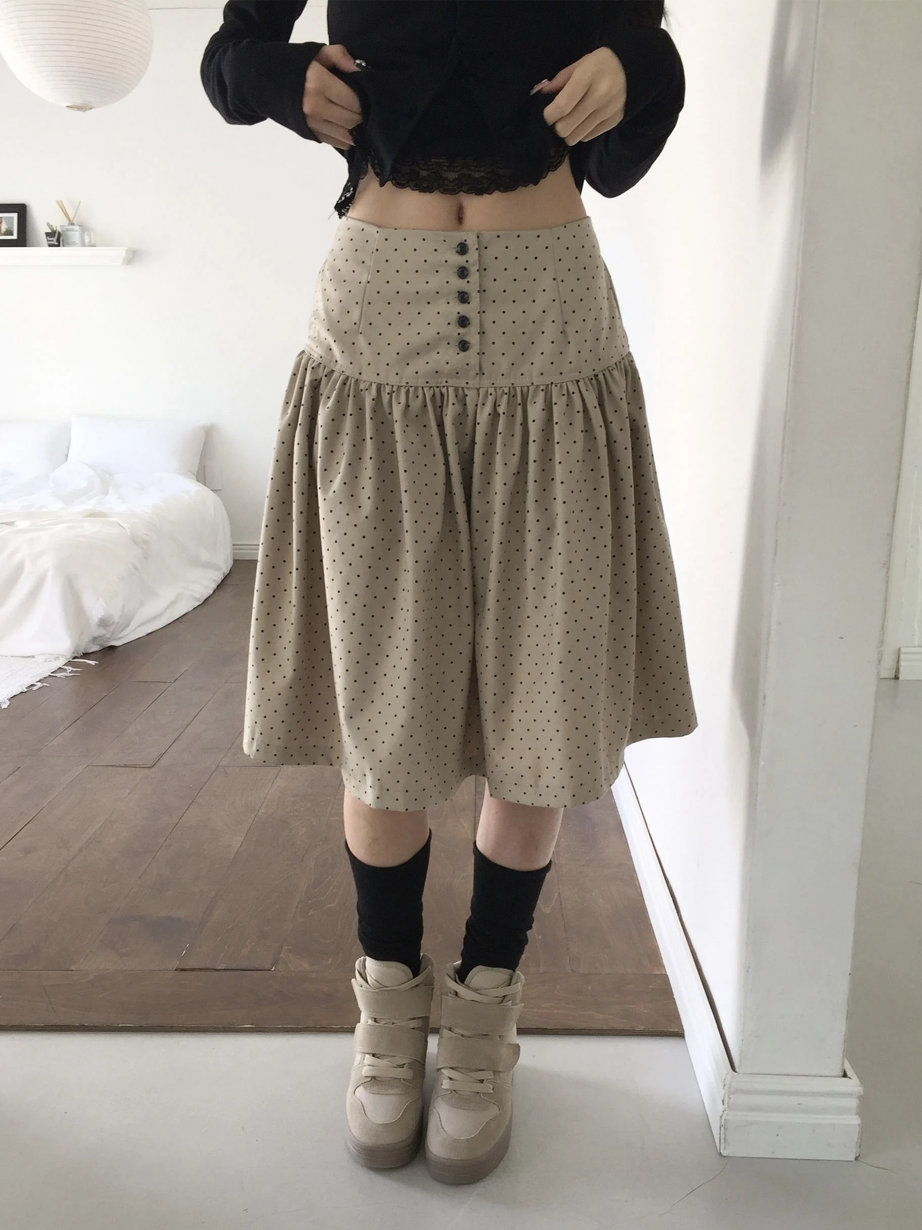 Chic Polka Dot Half-length Skirt Women's High-waist Elastic Back A-line Midi Skirt with Pleats And Flounce Oversize Trendy