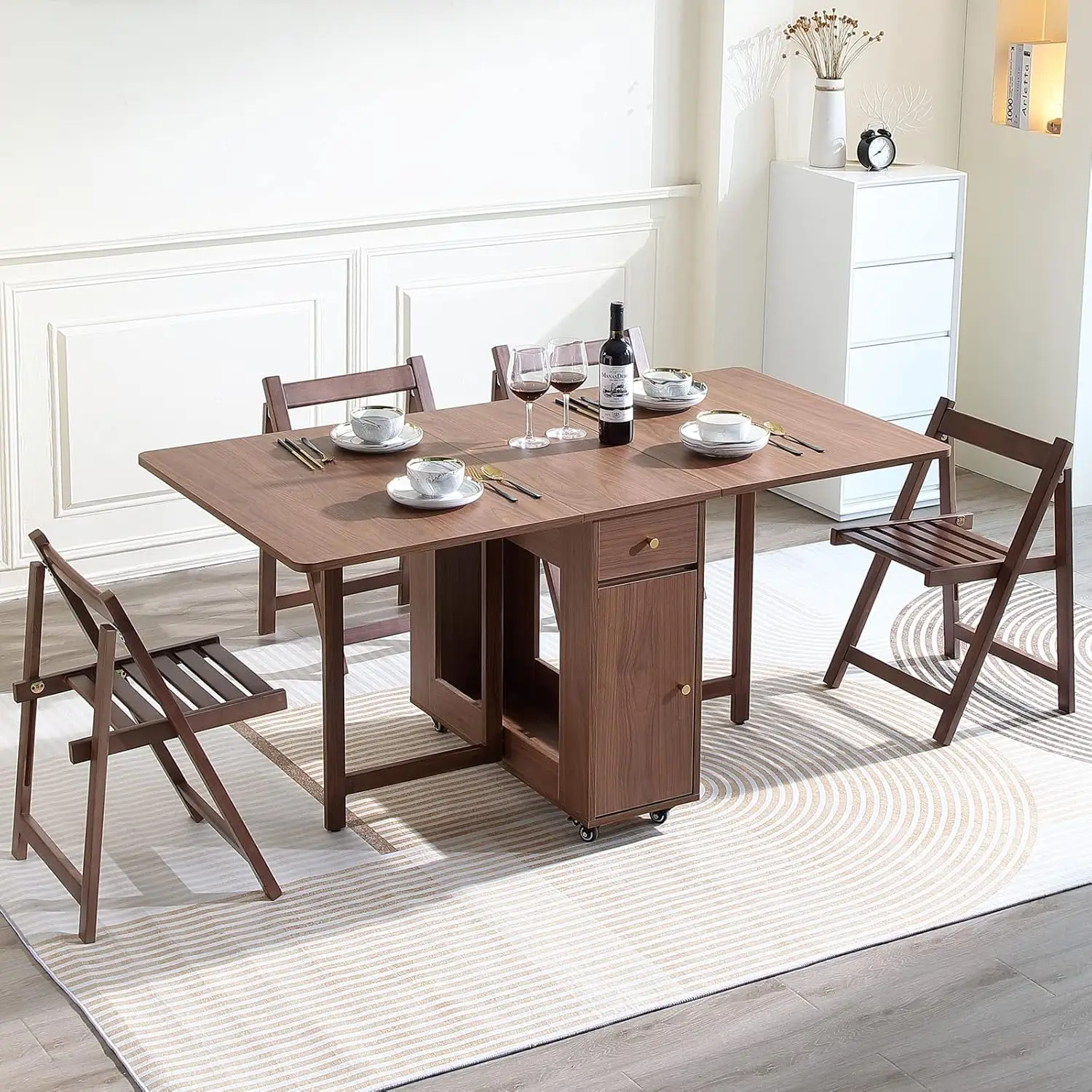 Extendable Drop Leaf Foldable Dining Table with 2 Drawers and 4 Wheels for Living Room Kitchen Farmhouse Space Saving