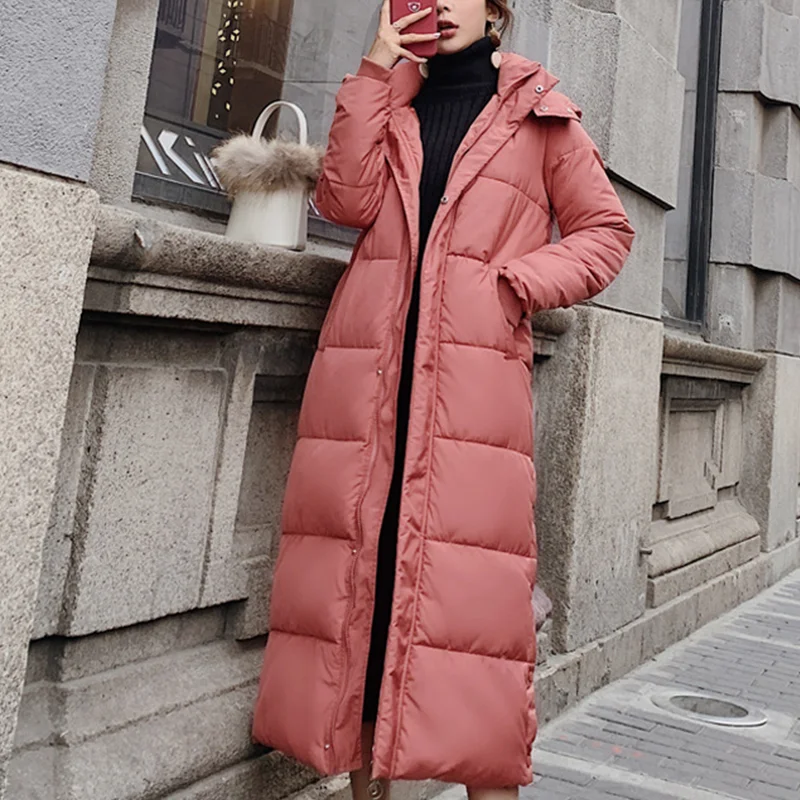 Ladies Lengthened Winter Down Jacket With Hat And No Collar Cold Winter Down Jacket Over Knee Fashion Loose Warm Cotton Coat