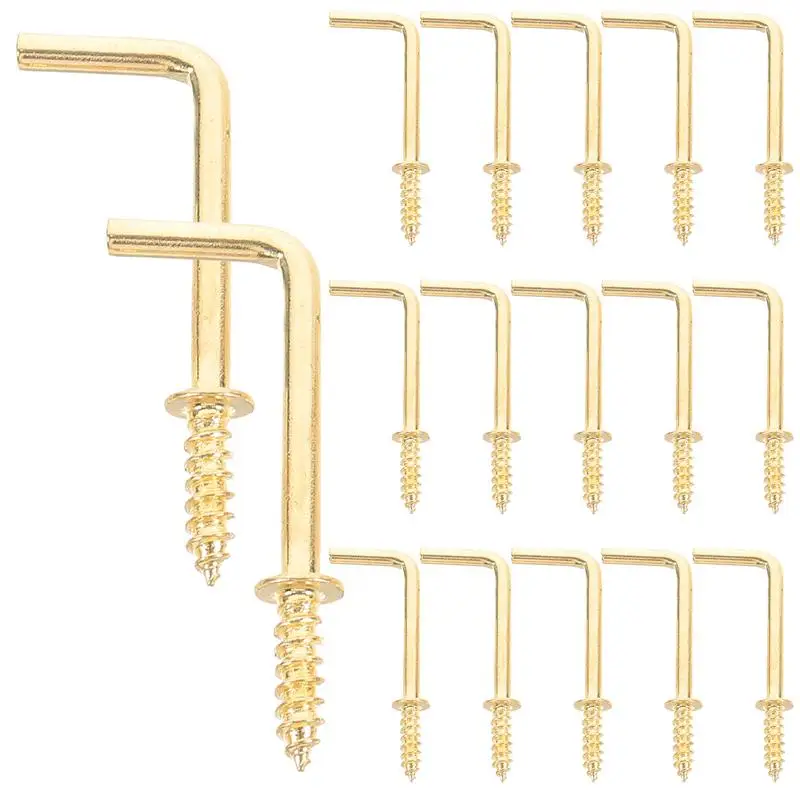 50Pcs Gold Screw in Hooks L Shape Hooks Self-Tapping Screw Hook Wall Hanger Copper Plated Right-Angle Hook for Hanging Picture