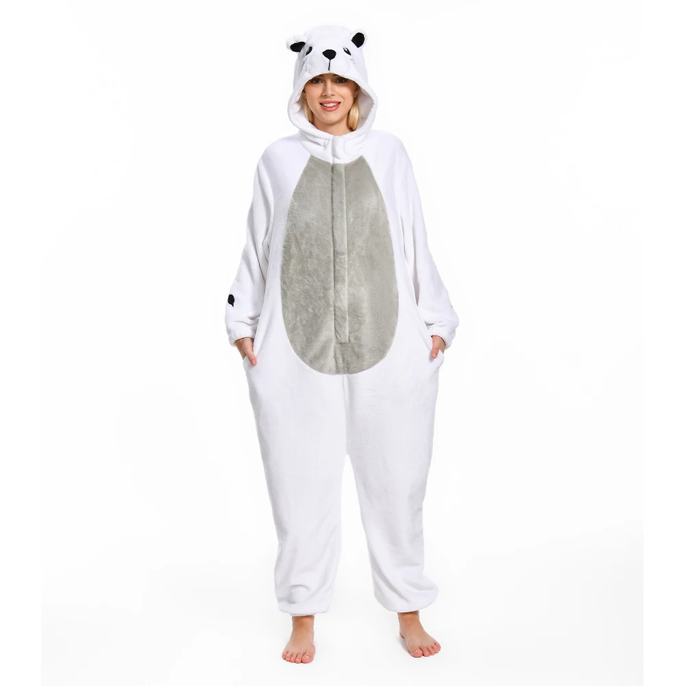 Cartoon Animal Flannel Sleepwear Adult Polar Bear Cosplay Chicken Hooded Jumpsuit Costume Outfits Halloween Carnival Party Suit