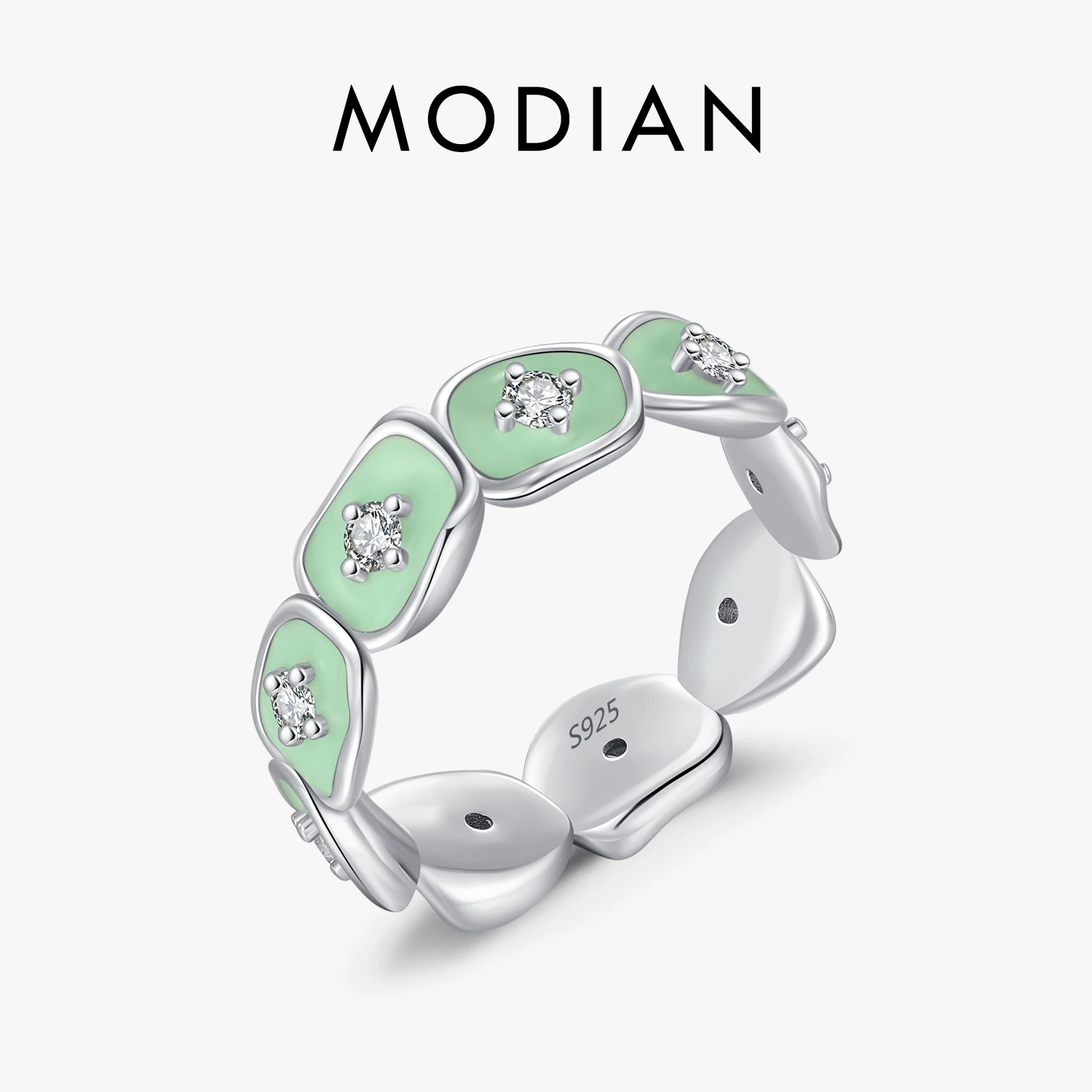 

MODIAN 925 Sterling Silver Irregular Round Eternity Band Stackable Finger Ring Mint Green Enamel Fine Jewelry For Women Gift