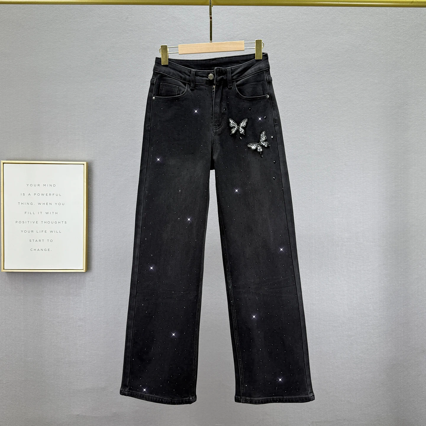 

Thin Velvet Denim Wide-Leg Pants, Women 2025 Winter New High Waist European Style Hot Drilling Butterfly Long Pants Black