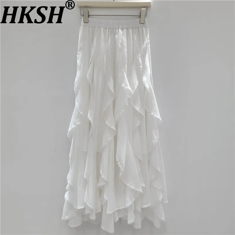 

HKSH Summer New Women Trendy Skirt Elastic Waist Asymmetrical Ruffles Draped A-line Sweet High Street Elegant Chic Skirts HK9508