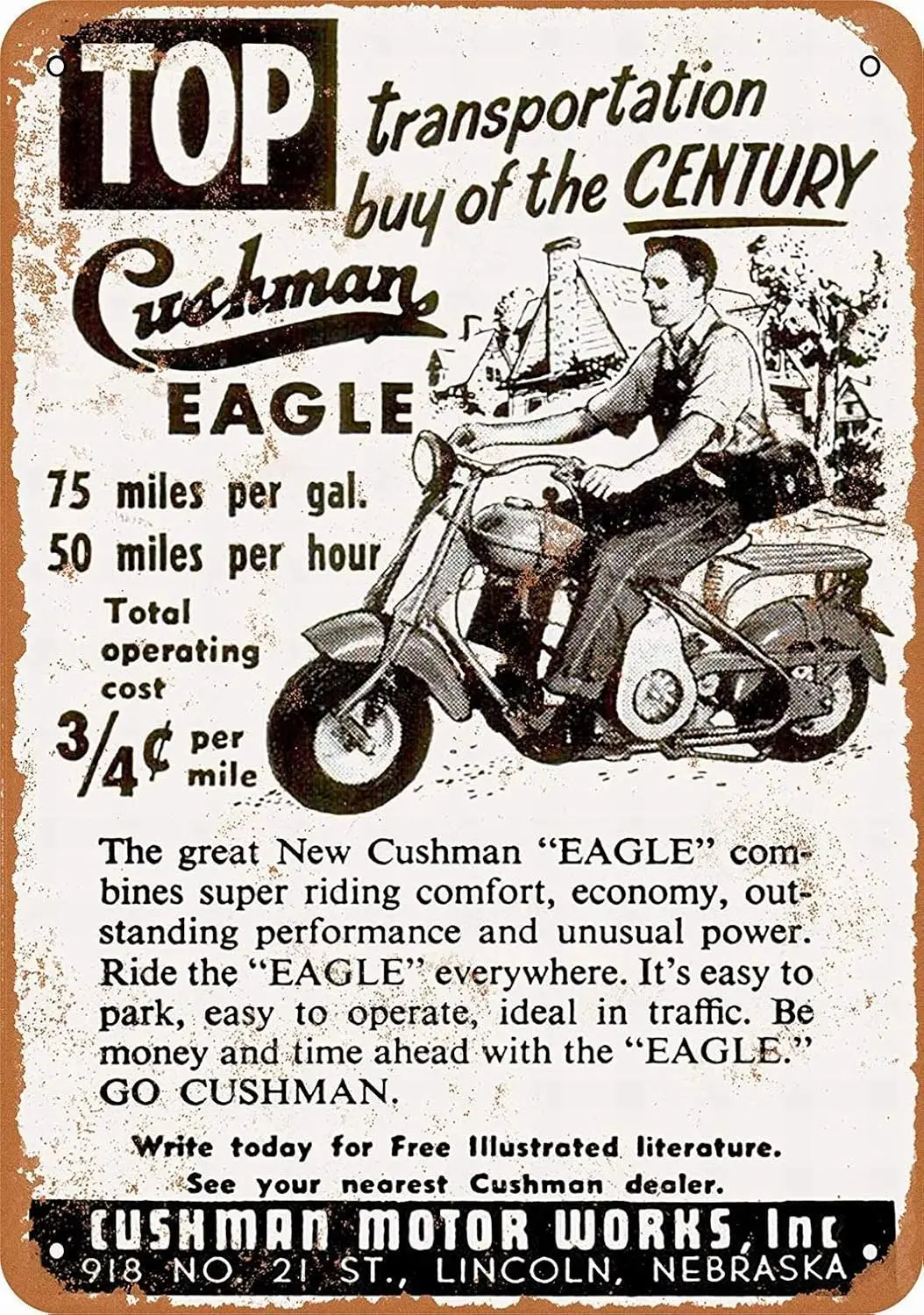 8 x 12 Metal Sign - Cushman Eagle Scooter - Vintage Wall Decor Art