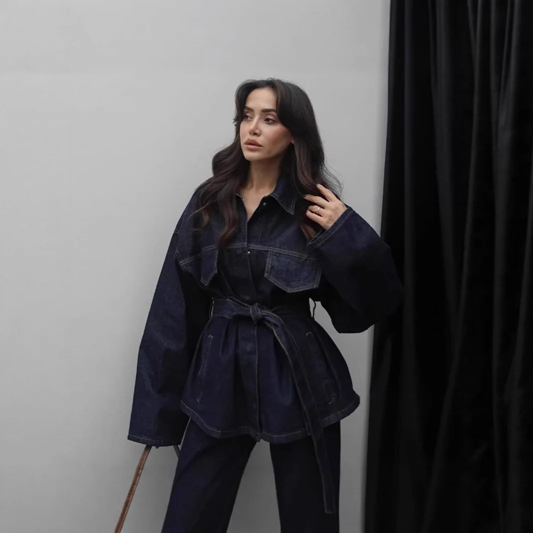 

2026 Spring/Summer Cross-Border Bestseller: Elegant Turn-Down Collar Belted Denim Long-Sleeve Pants Set