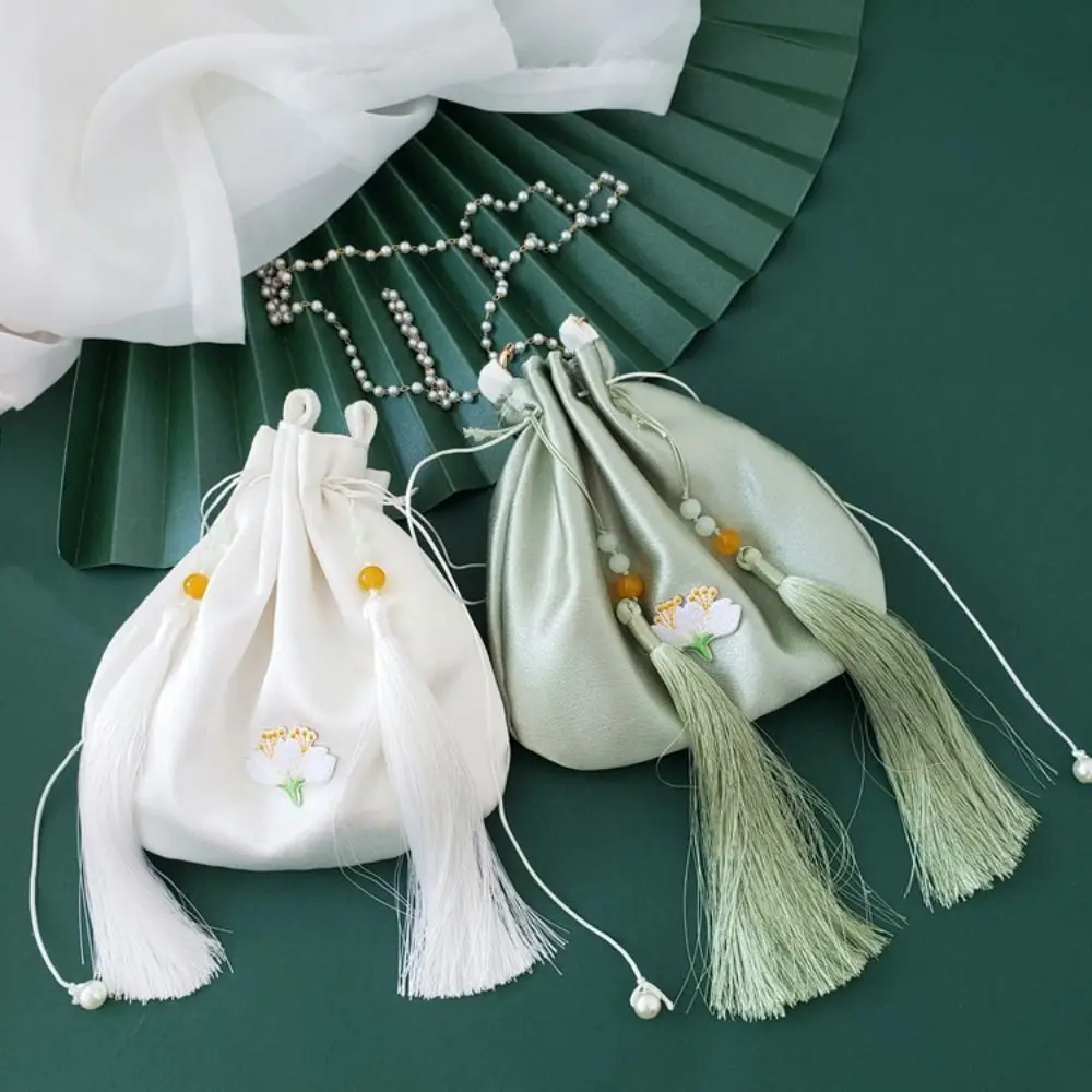 Tassel Hanfu Silk Drawstring Bag Ethnic Style Chinese Style Embroidery Flower Handbag Shoulder Bag Hanfu Accessories