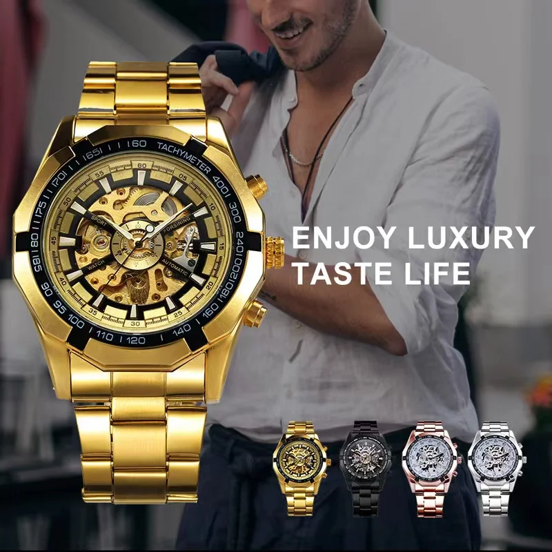 Men's Automatic Mechanical Watch Luxury Luminous Golden Stainless Steel Skeleton Sport Watch for Men Gifts relogio masculino