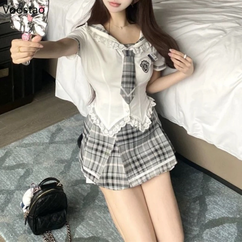 Preppy Style Kawaii Lolita 2 Piece Set Women Eleagnt Sailor Collar Blouses Tops Y2k Mini Plaid Skirts Suit Female Korean Outfits