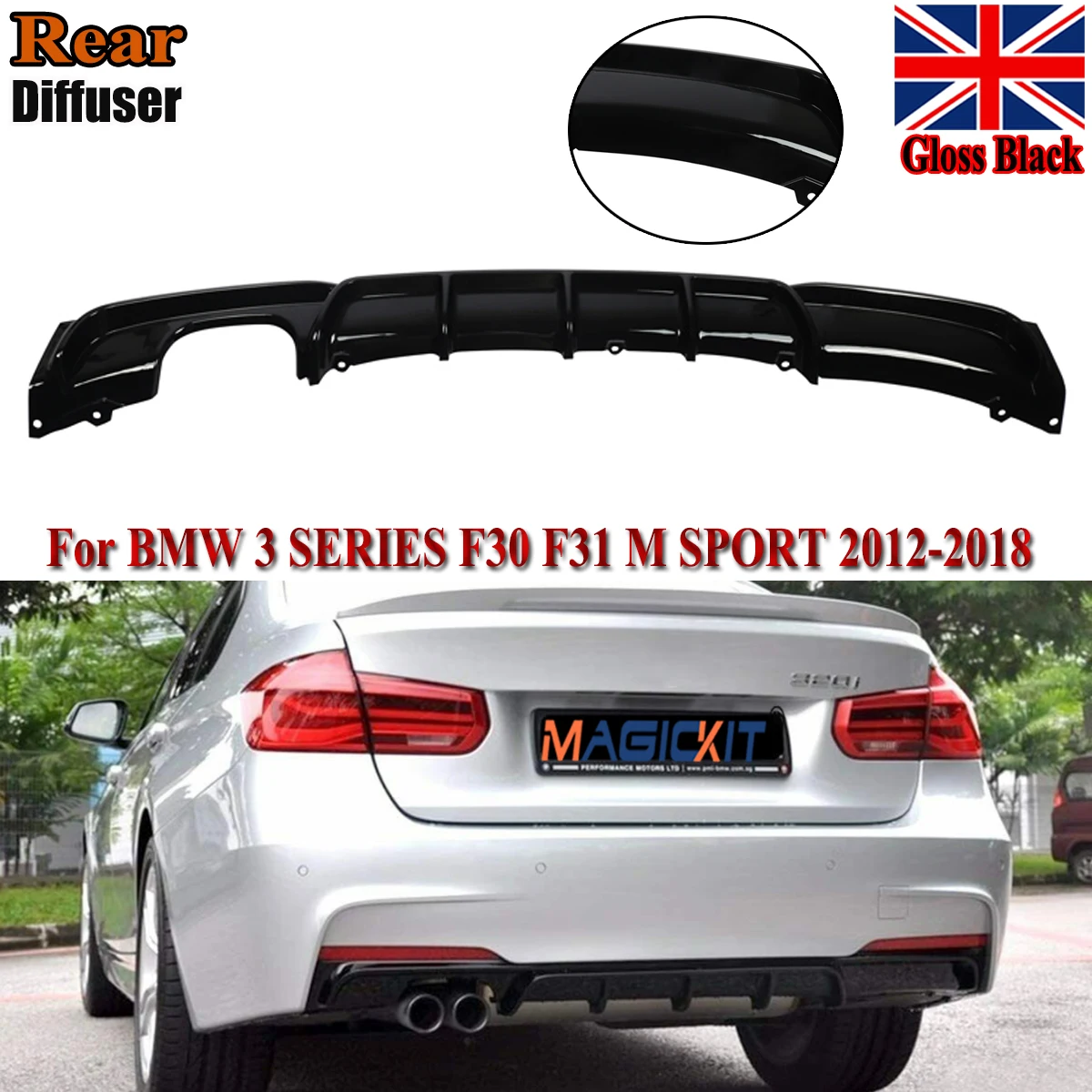 

For BMW 3 SERIES F30 F31 318d 320i 330i 340i 2012-2018 M Performance diffuser Twin Tailpipe splitter black Rear Bumper Diffuser