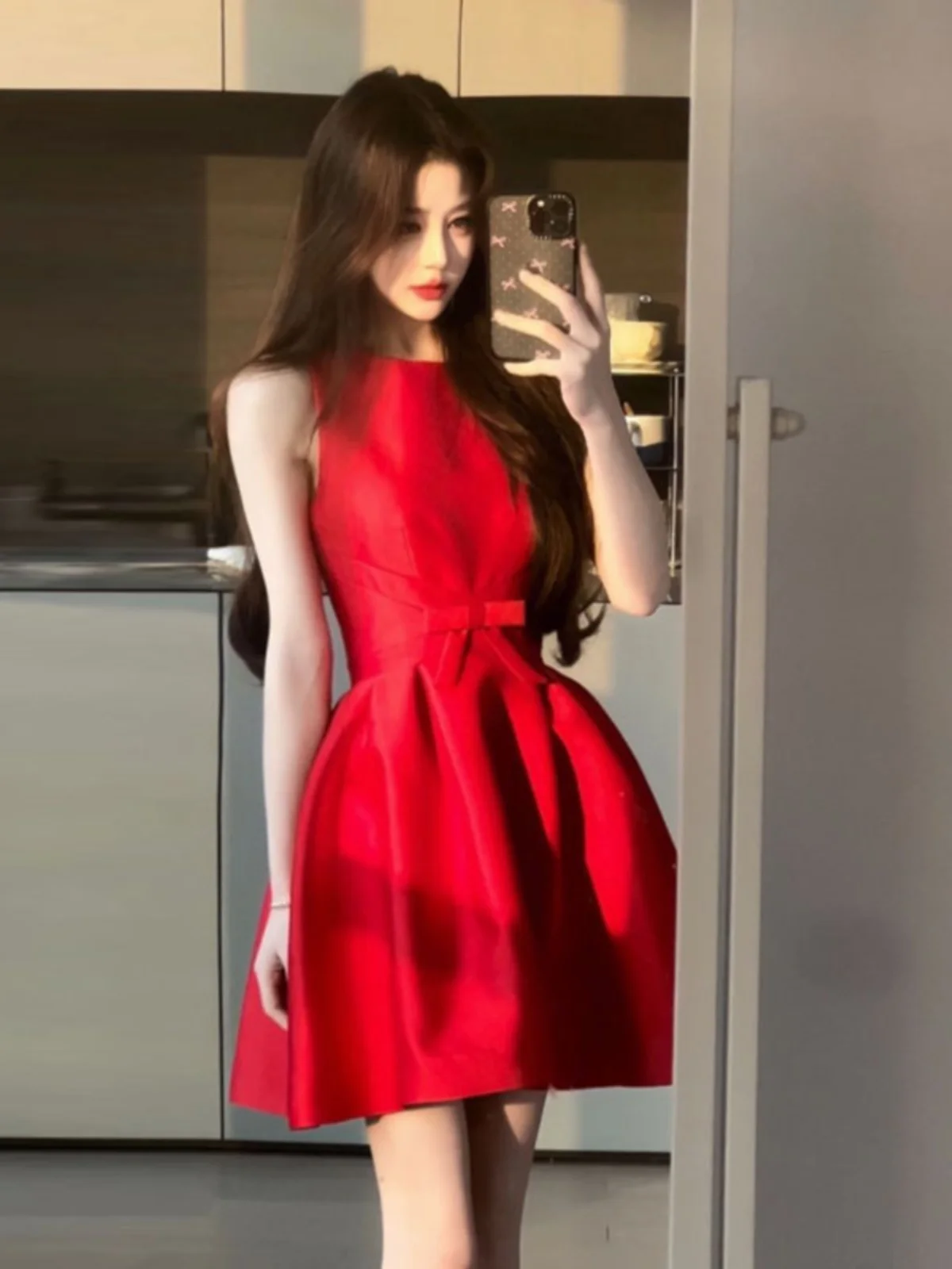 

Elegant Red Slim Fit Puffy Skirt Dress High Waist French Style Knot Shoulder Bared Summer New Year's Robe City Commute