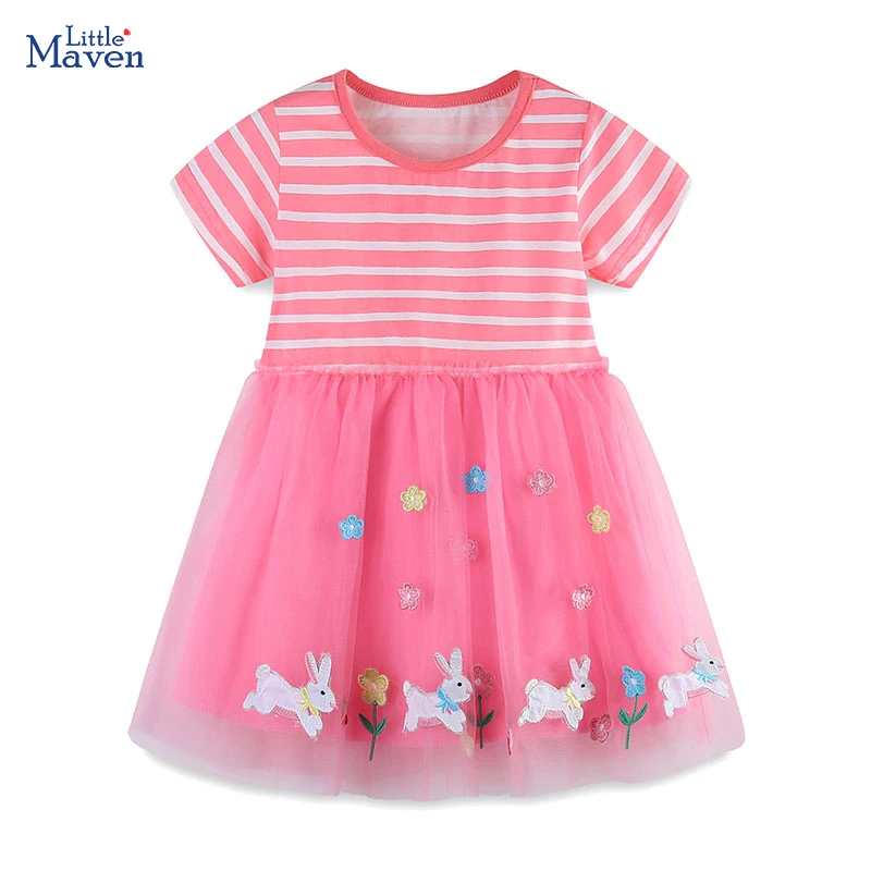 Little maven Vintage Clothing for Kid Baby Girls Summer Pink Cotton Children Casual Clothes Cartoon Rabbits Kids Mesh Dresses