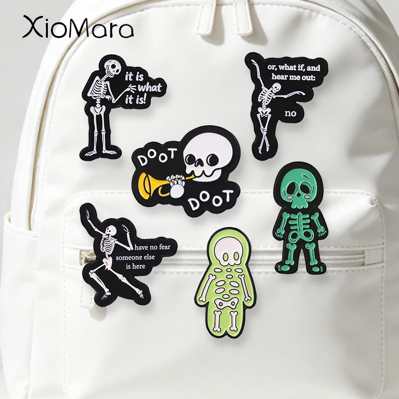 Halloween Punk Skeleton Skull Enamel Pins Gothic Humor X-ray Skeleton Doot Doot Trumpet Skeleton Brooch Lapel Badge Jewelry Gift