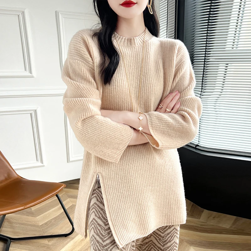 Side zipper split wool sweater women's O-neck jumper medium long loose large size top autumn winter essential women's clothing