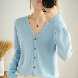 Spring New 100% Cotton Knitted Cardigan Women's V-Neck Loose Matching Solid Color Long-Sleeved Coat 2024 New