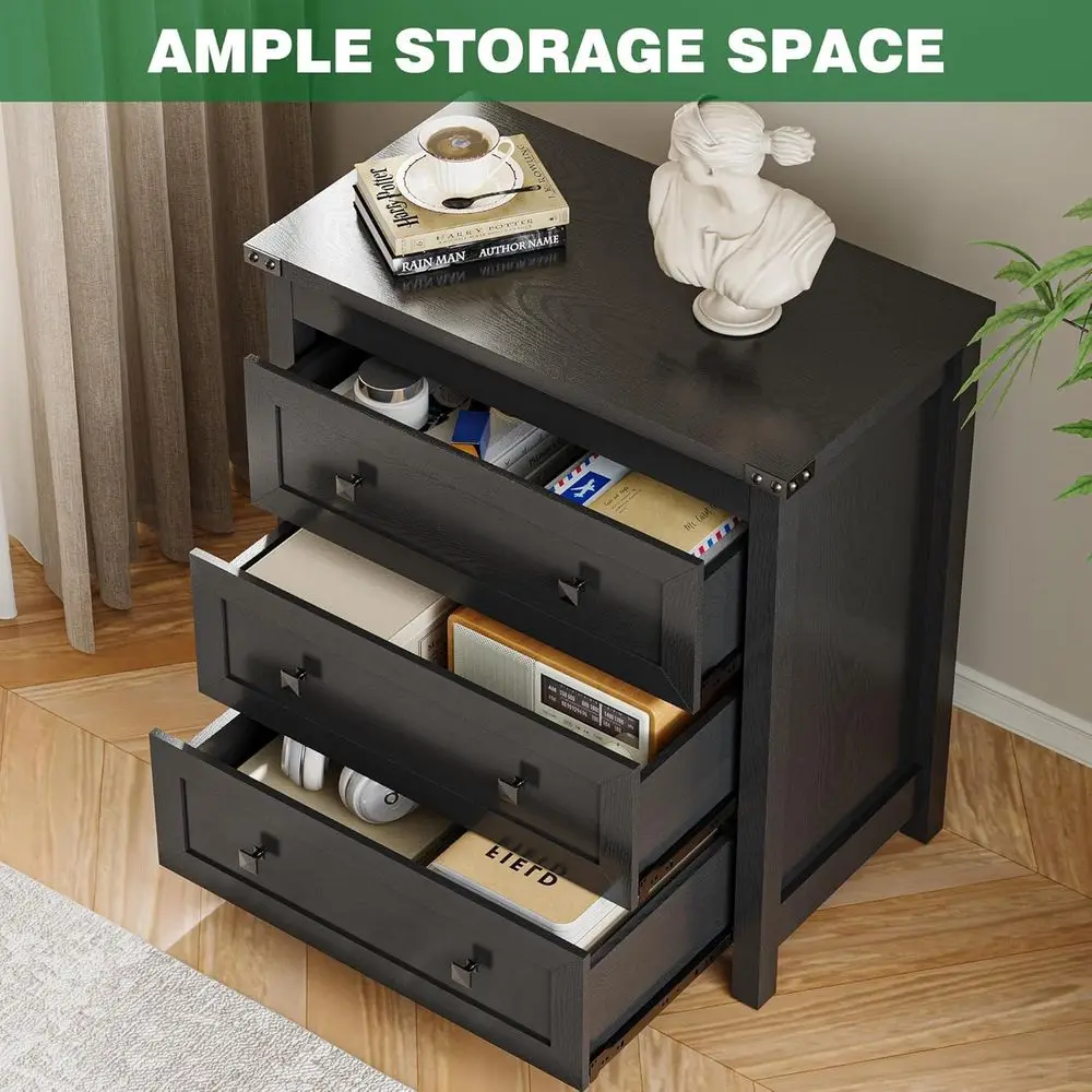 3-Drawer Farmhouse Style Nightstand, Compact Bedroom Storage Cabinet, Modern Black Organizer for Living Spaces