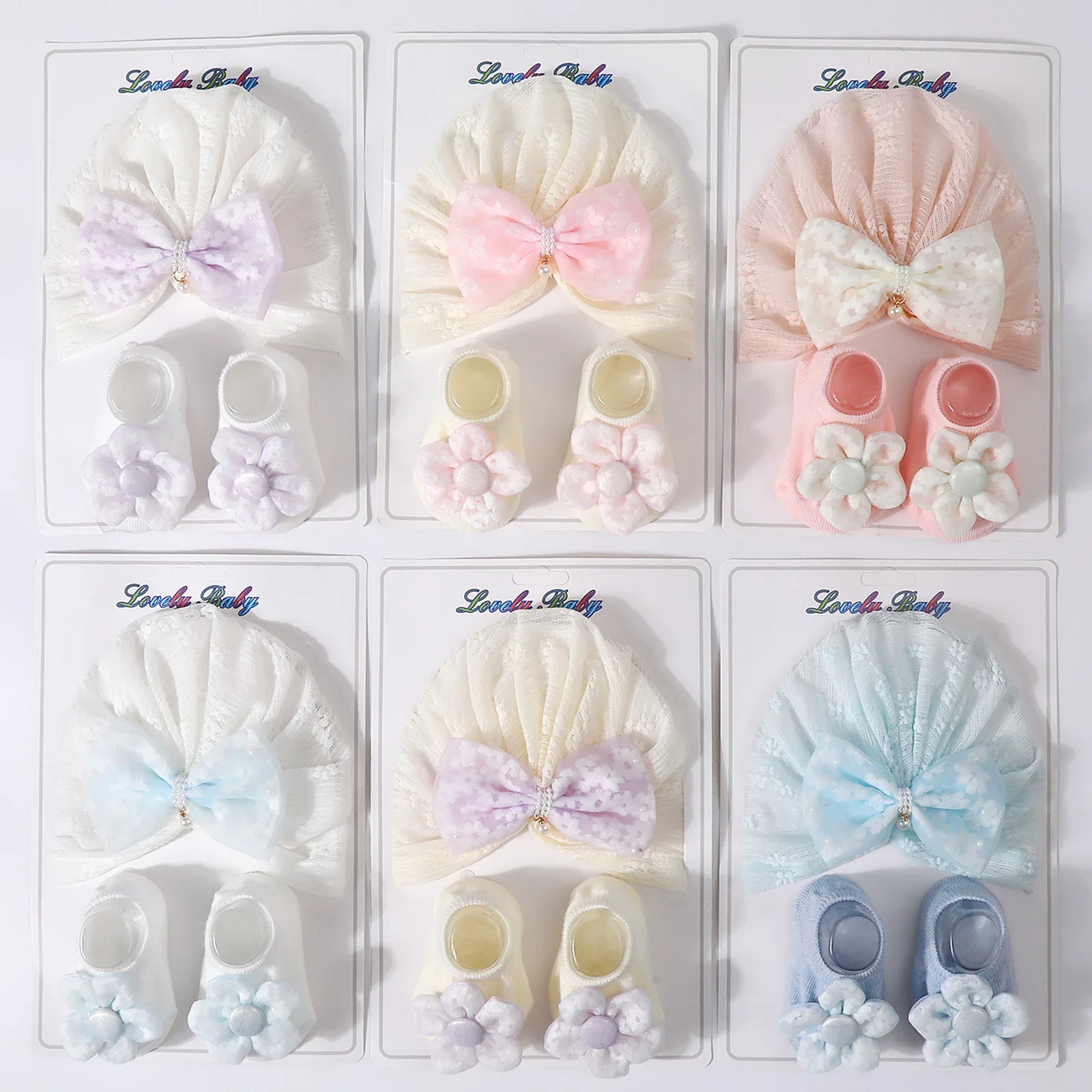 

New Lace Bowknot Pearl Hollowed-Out Baby Hats Socks For Newborn Soft Prewalker Socks Hat Girl Infant Cap Beanies Turban Socks