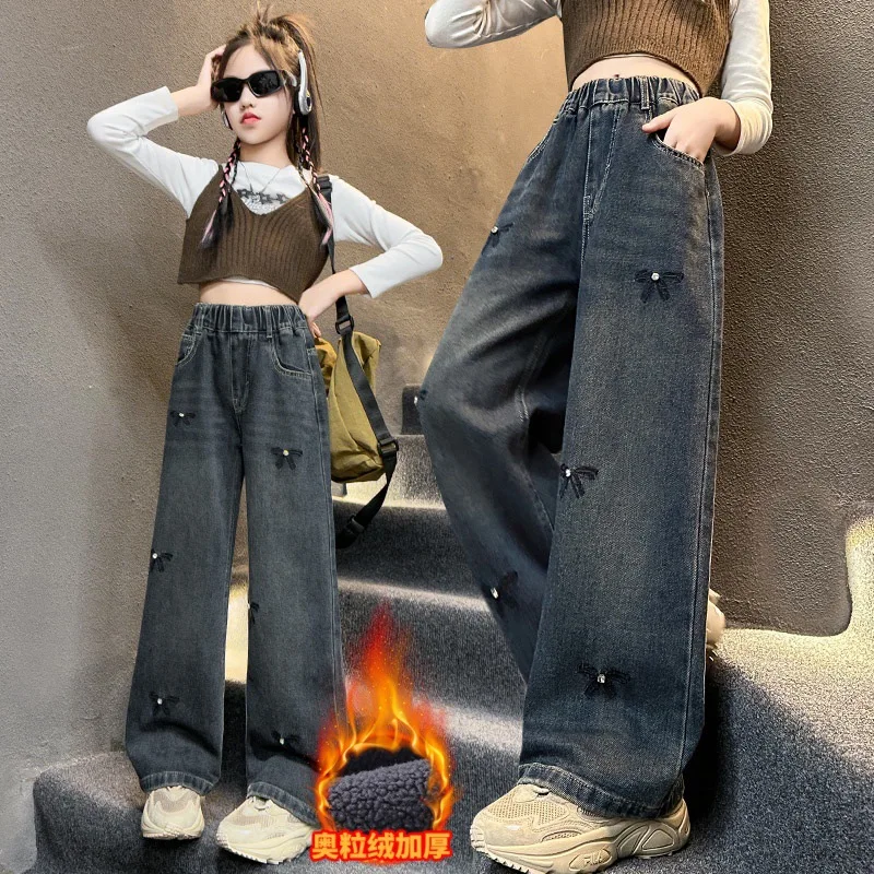 جينز أنيق للأطفال لشتاء 2025 مبطن بالصوف مع فيونكات للفتيات سراويل حرارية سميكة سراويل عازلة للأطفال في الشارع