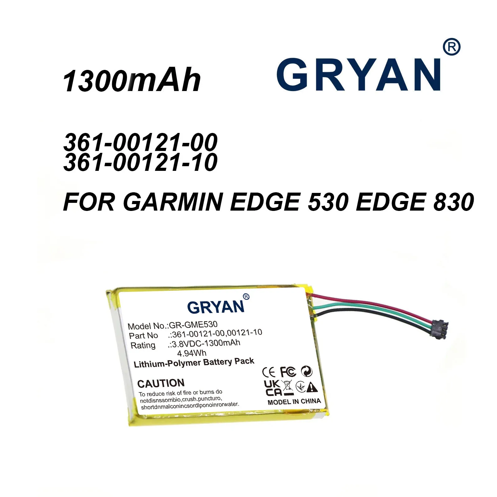 GRYAN GPS Navigator Battery 3.8V/ 1300mAh 361-00121-00, 361-00121-10 for Garmin Edge 530 Edge 830
