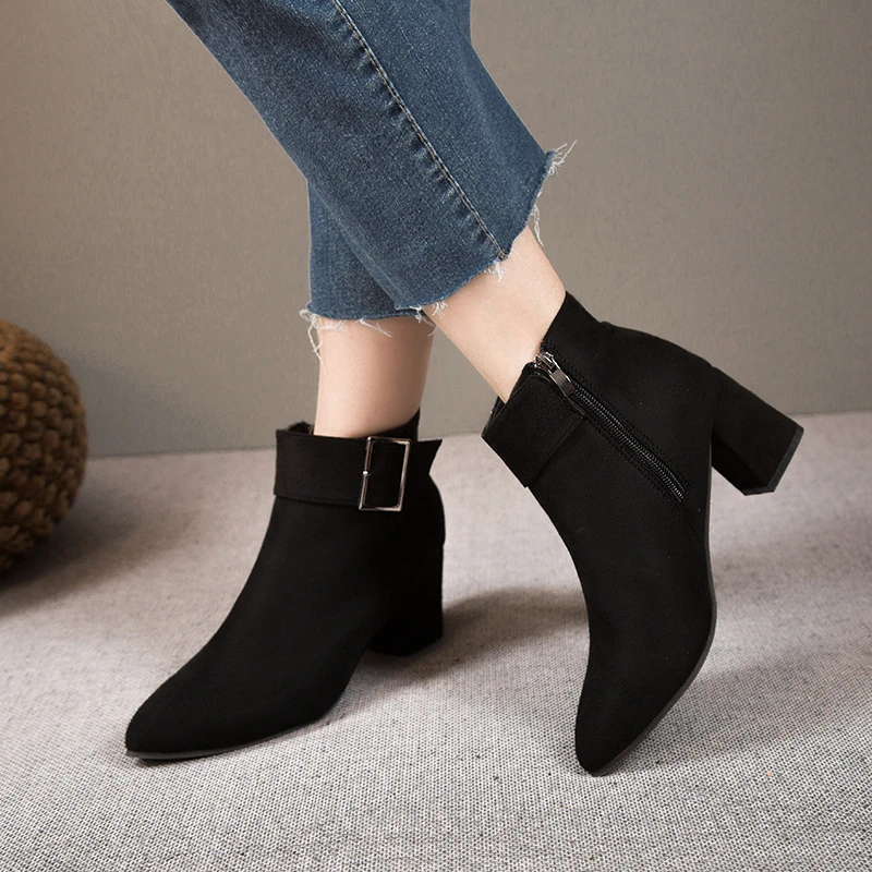 Black Ankle Boots Heels Pointed Toe Fashion Warm Casual Ankle Women\'S Strap Women\'S Boots Women Boots Botas De Mujer