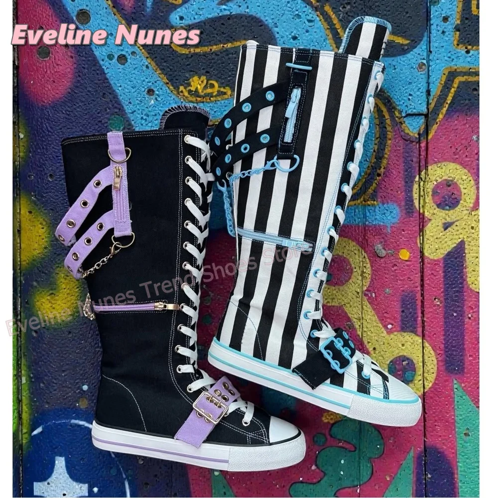 Y2K Gothic Striped Canvas Boots Chain Buckle Details Lace Up Mixed Color Side Zip Cosplay Women Knee High Boots Street Style - view 2