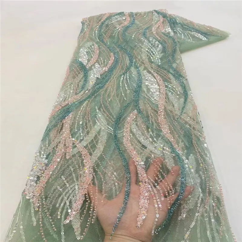 Robe de mariée en maille brodée perlée à paillettes bicolores, tissu en dentelle brodée