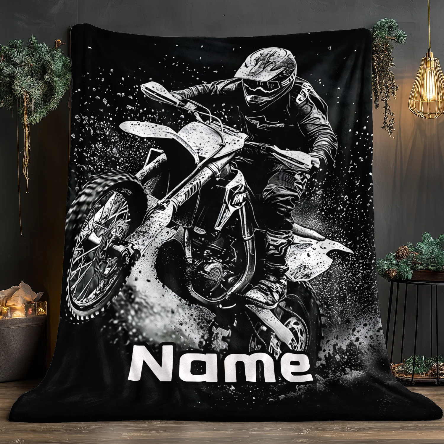 Personalized Motocross Blanket Name Black White Rider Design Soft Fleece Throw Motorcycle Gift Outdoor Decor
