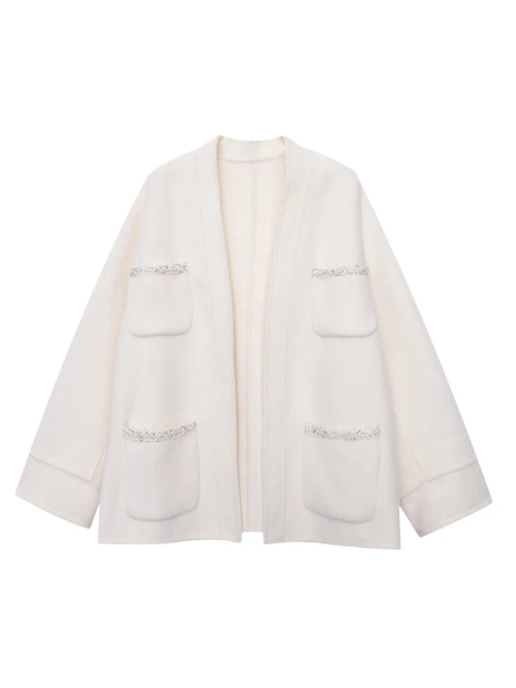 TLXT 女性のベルトギャザーウエストウールブレザー女性のための V ネックオフィスレディ厚く暖かい緩い生き抜く 2025 冬の新 XK1020