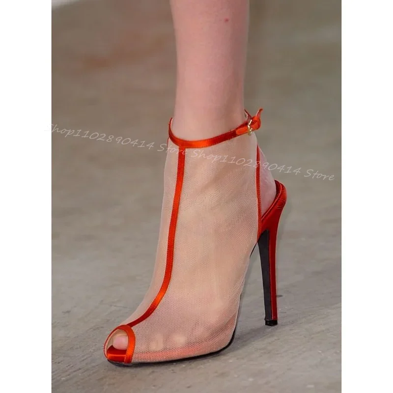 

Red Beige Mesh Peep Toe Cut Heel Ankle Boots Ankle Buckle Strap Women Shoes Thin High Heels Novel Party 2025 Zapatos Para Mujere