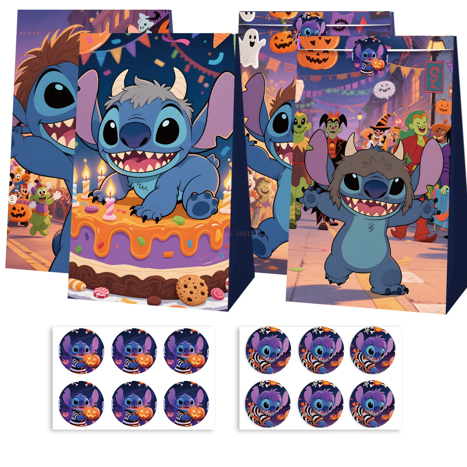 12 pçs conjunto anime lilo & stitch anjo figuras saco de papel doce saco de presente dos desenhos animados bolsa crianças aniversário dia das bruxas natal presente embrulho